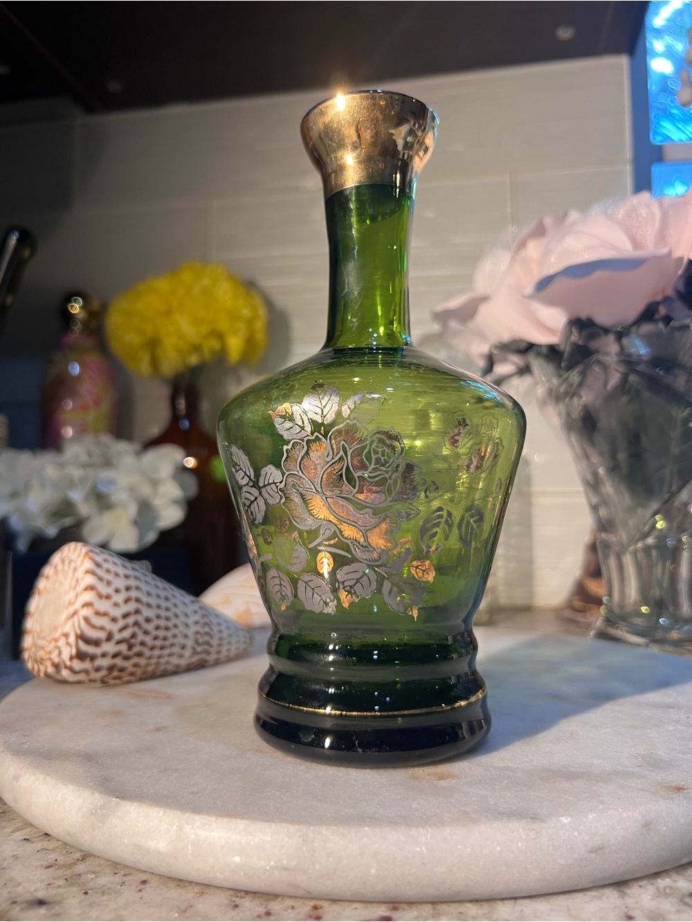 Antique Green Glass Vase/decanter with Silver & Gold Floral overlay